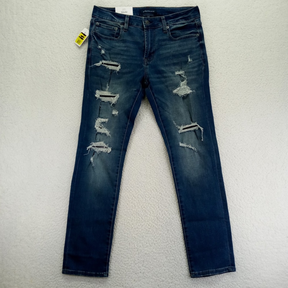 Aeropostale Mens Slim Stretch Distressed Ripped Blue Jeans 32x32 LXTIBD5